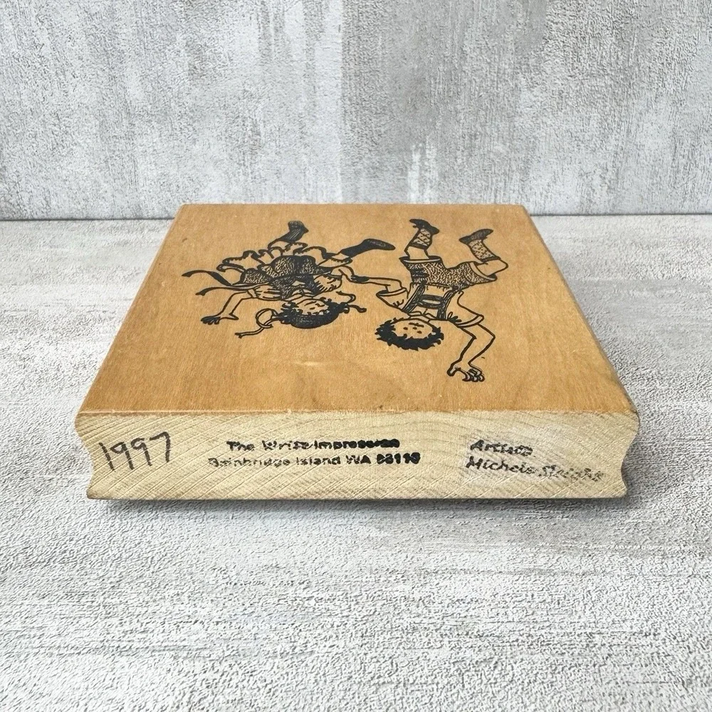 Vintage 1997 Wood Mounted Rubber Stamp German Folk Art Dancing Children Boy Girl